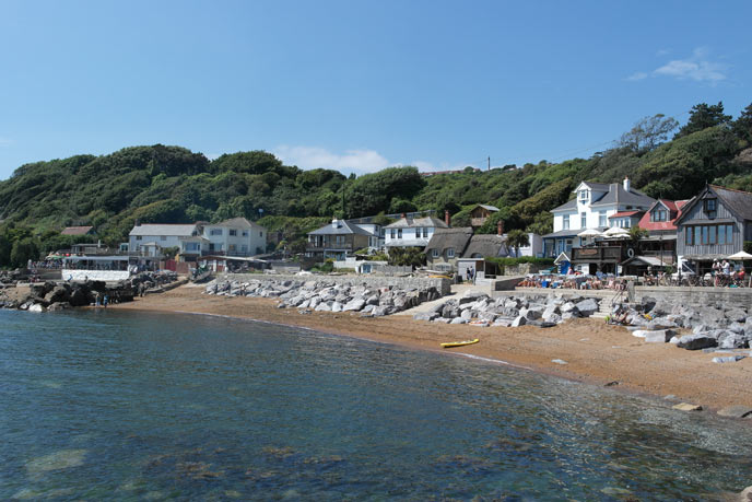 The pretty beach and houses at dog-friendly Steephill Cove on the Isle of Wight