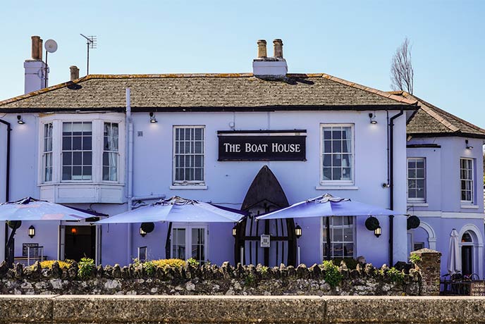 The blue exterior of The Boathouse in Seaview on the Isle of Wight