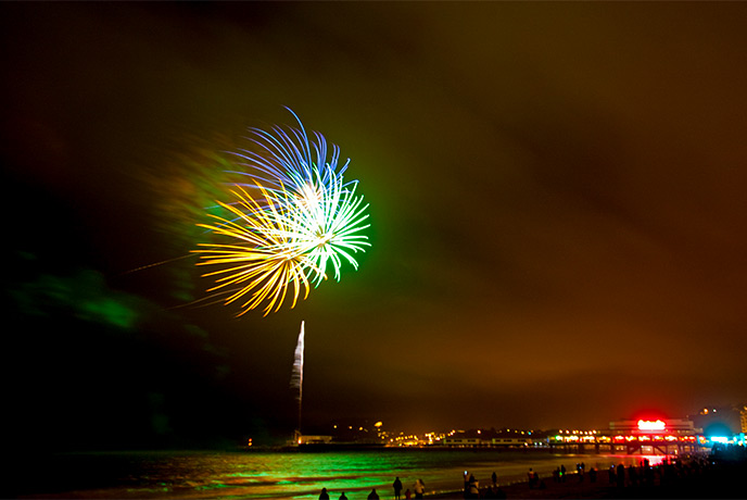 Bright, colourful fireworks above Sandown at New Year's